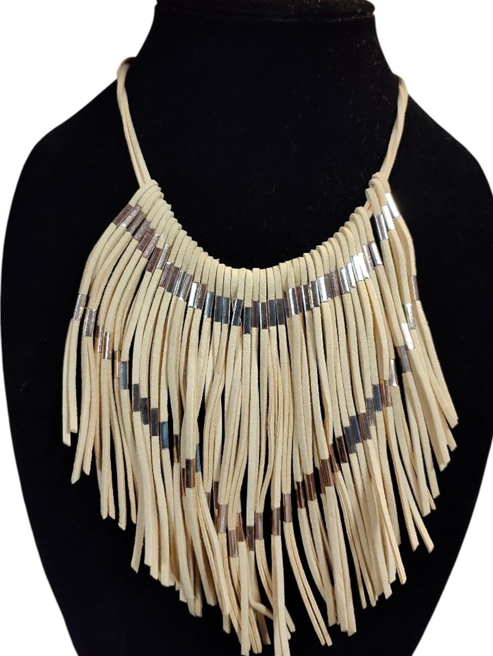 Beige Fringe Statement Necklace & Earring Set with Silver Accents